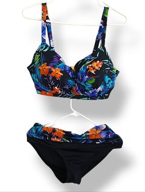 Swimsuits For All Black Floral Underwire Bikini Orange Blue Flowers Tropical DD